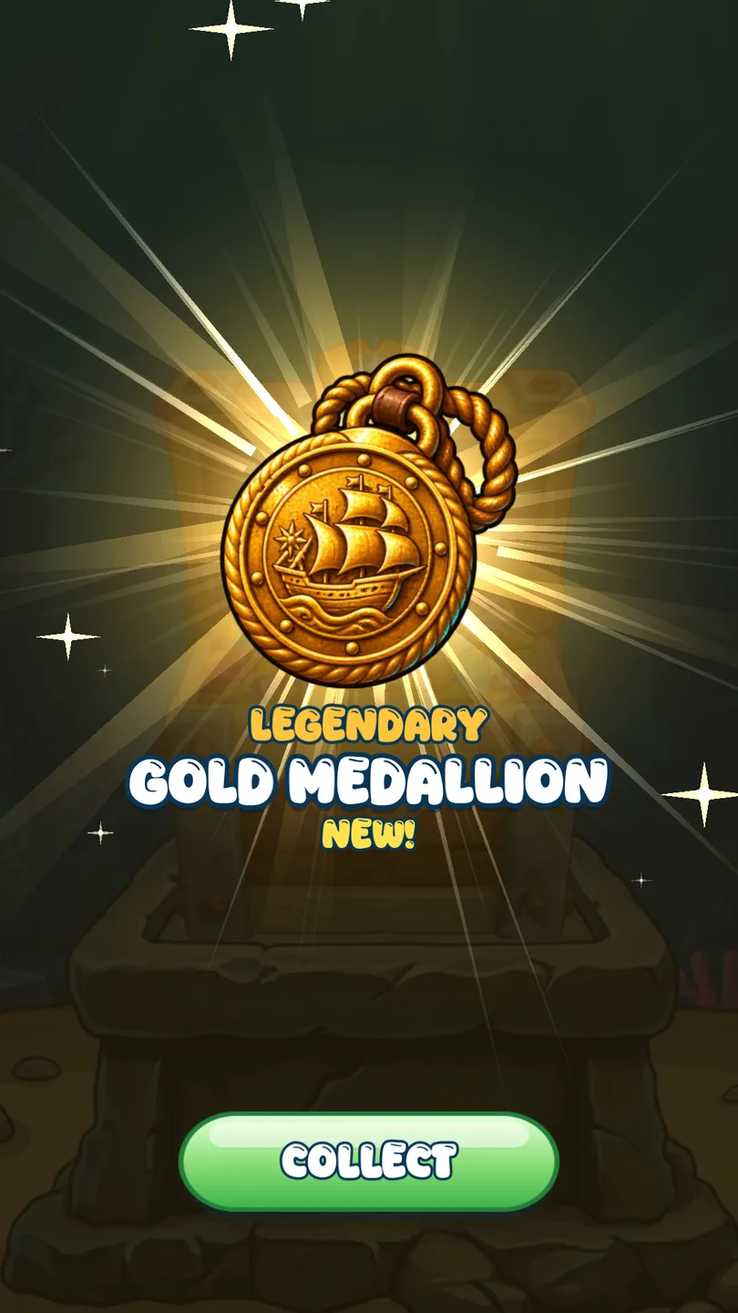 A Legendary Gold Medallion revealed from a treasure chest — find rare and legendary sea treasures