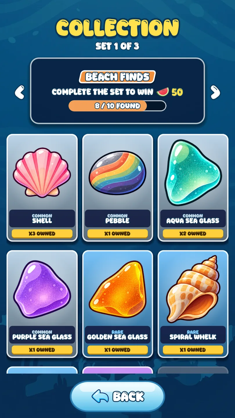 The Beach Finds collection of shells, pebbles and sea glass — collect 30 treasures across 3 sets