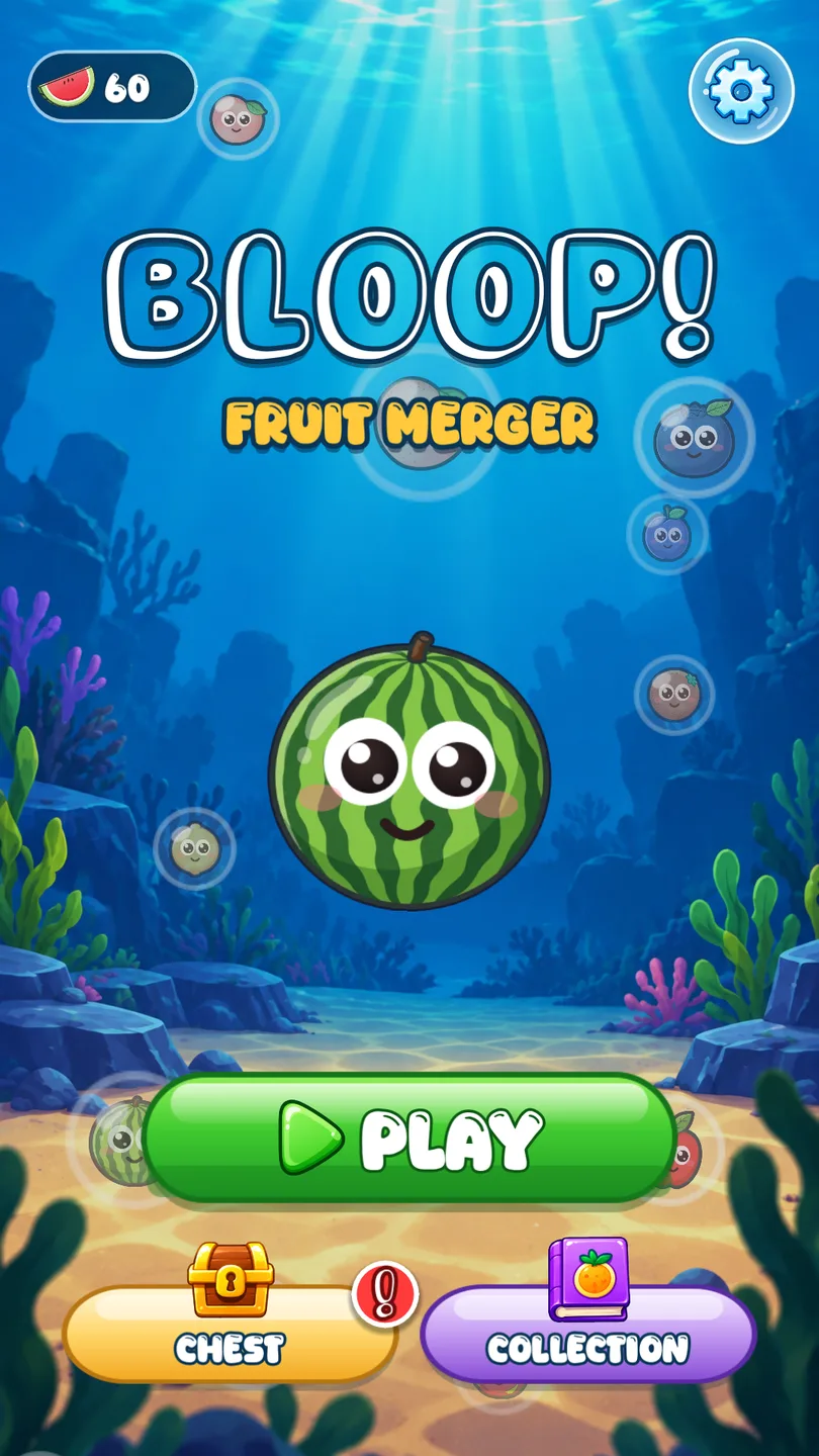The title screen, with a smiling watermelon under the sea — a cute underwater fruit-merge puzzle