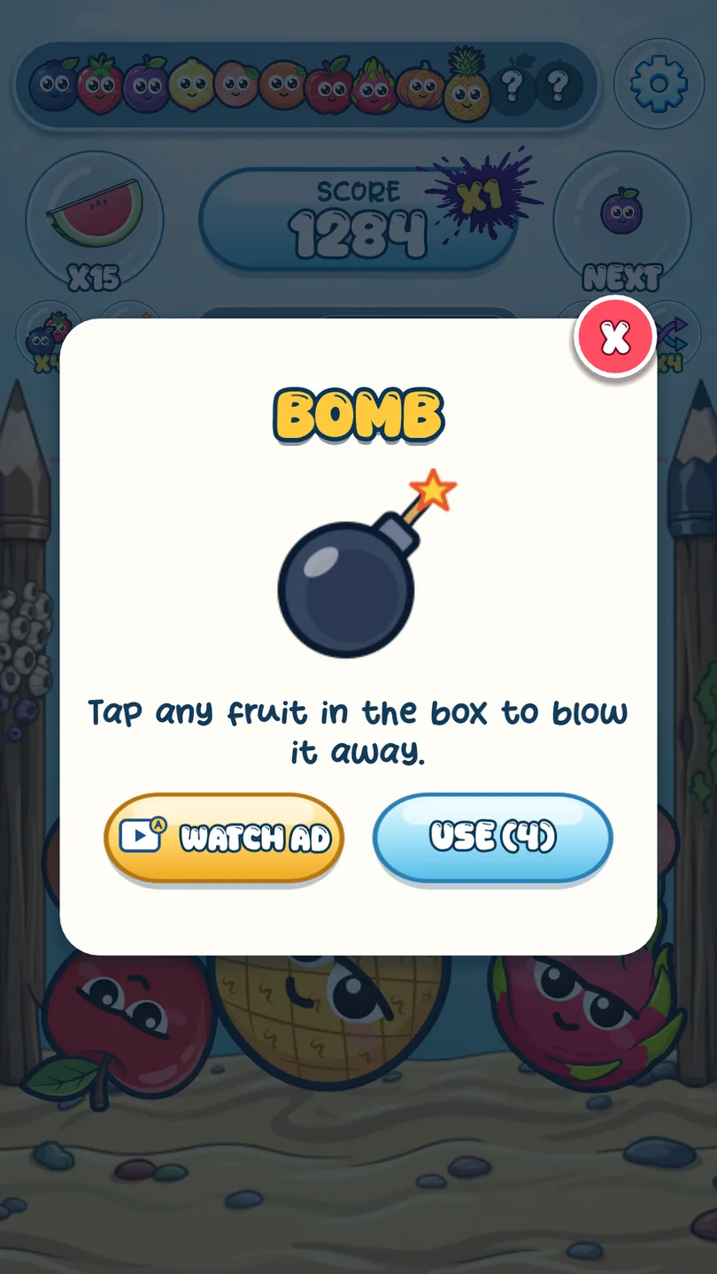 The Bomb power-up, which blows away any fruit you tap — power-ups to get you out of a tight spot