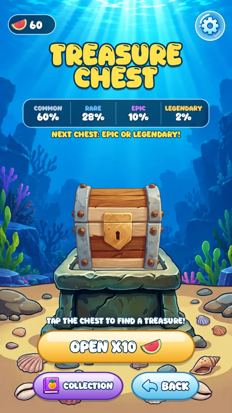 A treasure chest on the seabed with its rarity odds — open treasure chests with the slices you earn