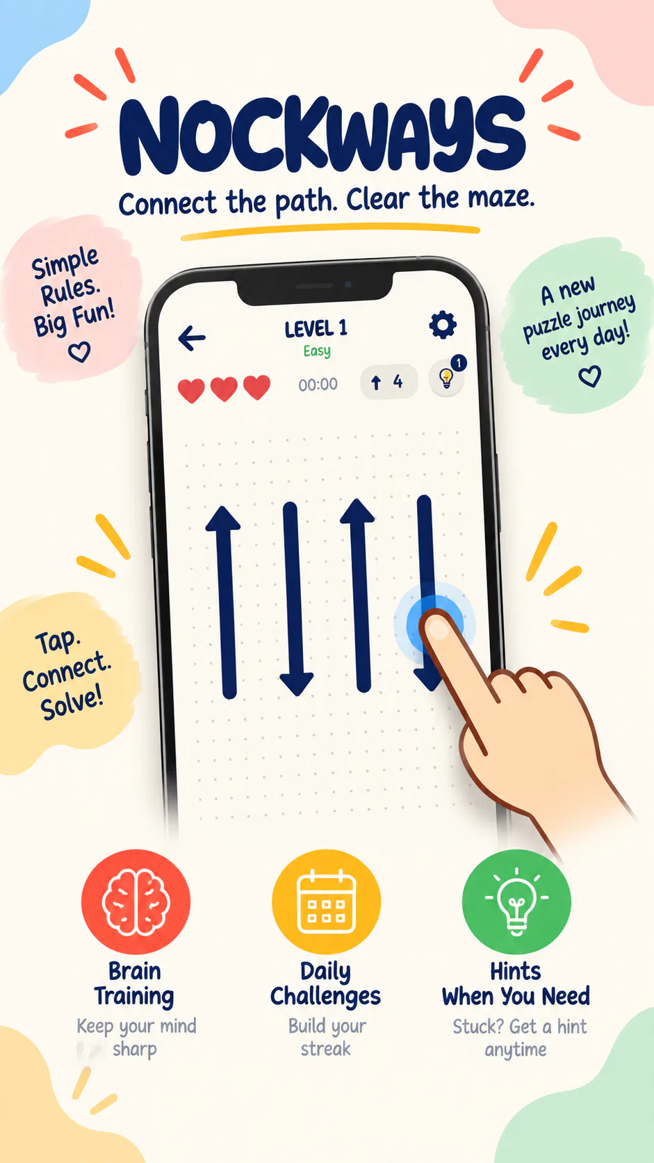 Level one: four straight arrows, and a finger tapping the one with a clear path